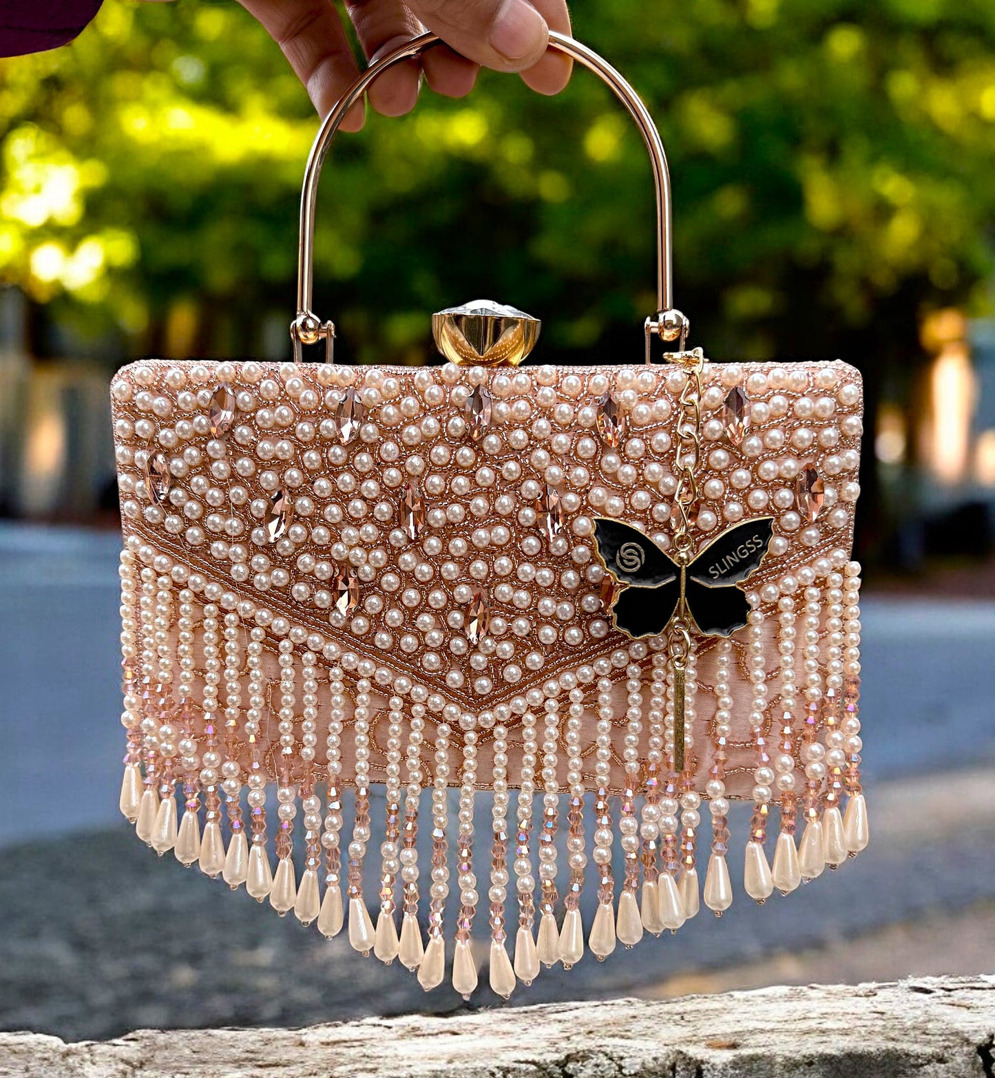 Slingss Luxury Range Hanging Beads Embroidered Partywear Handbag For Ladies With Handle & Long Chain
