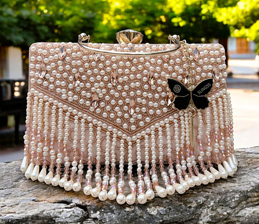 Slingss Luxury Range Hanging Beads Embroidered Partywear Handbag For Ladies With Handle & Long Chain