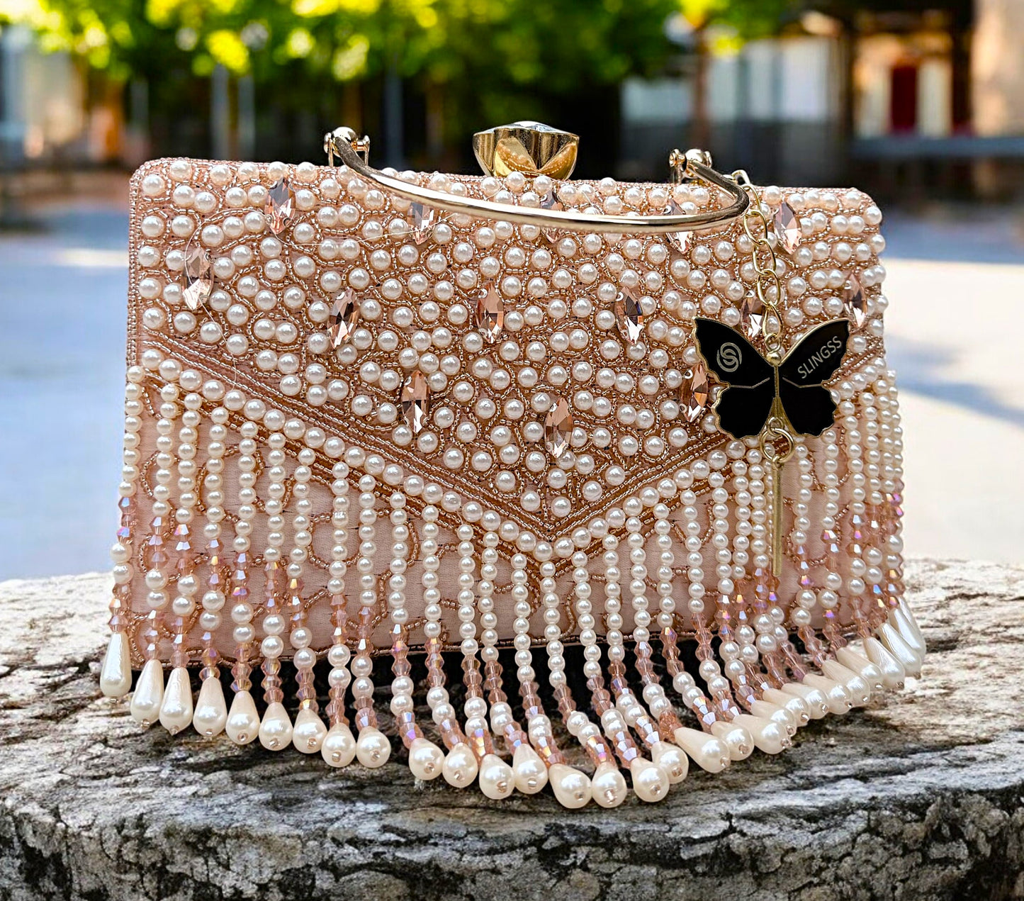 Slingss Luxury Range Hanging Beads Embroidered Partywear Handbag For Ladies With Handle & Long Chain