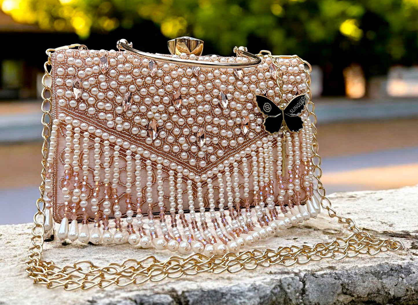 Slingss Luxury Range Hanging Beads Embroidered Partywear Handbag For Ladies With Handle & Long Chain