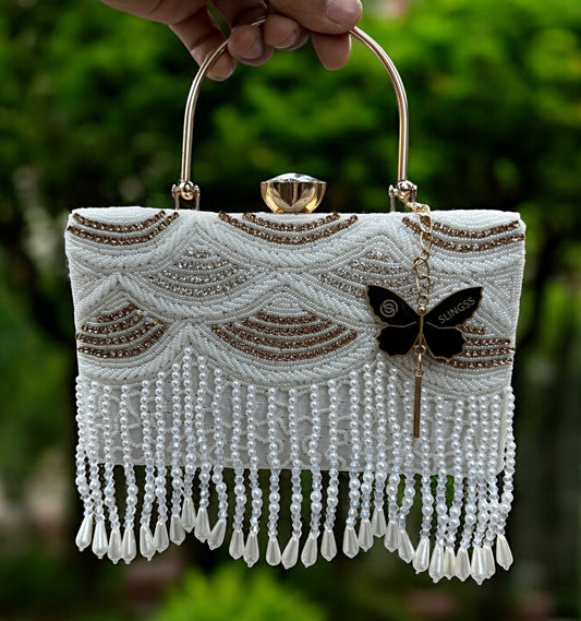 Slingss Luxury Range Hanging Beads Embroidered Partywear Handbag For Ladies With Handle & Long Chain