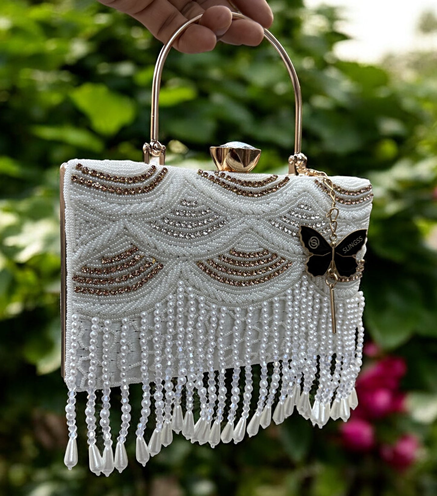 Slingss Luxury Range Hanging Beads Embroidered Partywear Handbag For Ladies With Handle & Long Chain