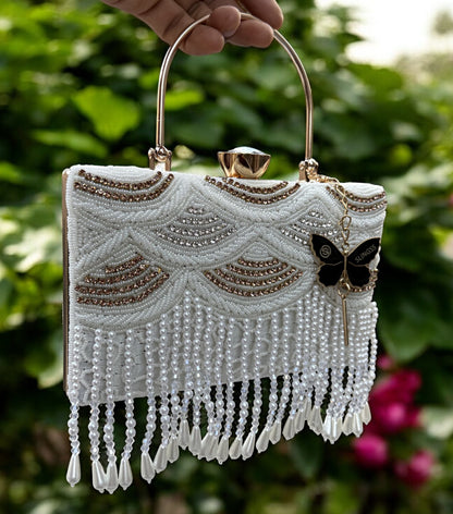 Slingss Luxury Range Hanging Beads Embroidered Partywear Handbag For Ladies With Handle & Long Chain