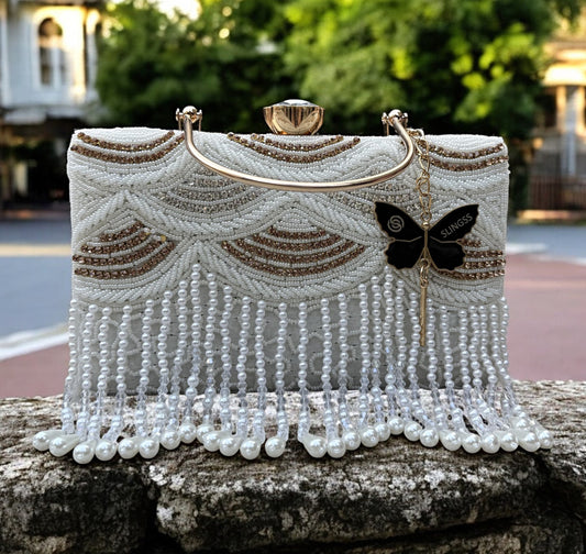 Slingss Luxury Range Hanging Beads Embroidered Partywear Handbag For Ladies With Handle & Long Chain