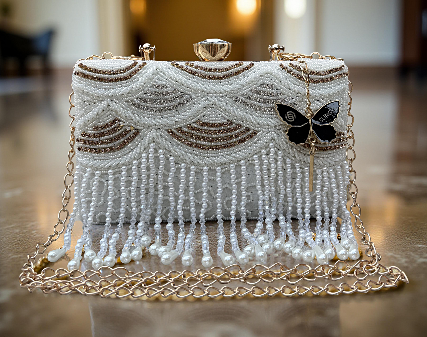 Slingss Luxury Range Hanging Beads Embroidered Partywear Handbag For Ladies With Handle & Long Chain