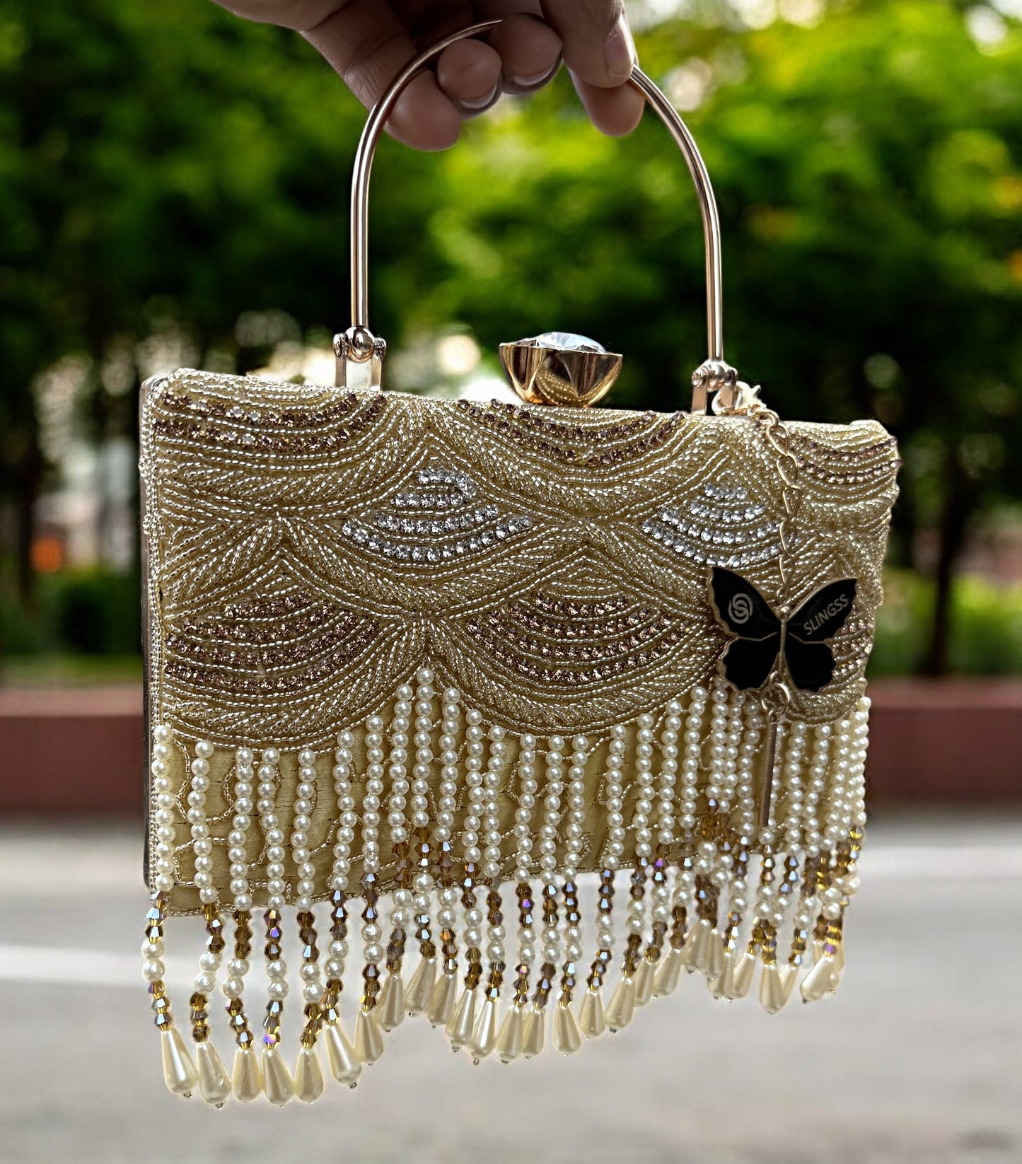 Slingss Luxury Range Hanging Beads Embroidered Partywear Handbag For Ladies With Handle & Long Chain