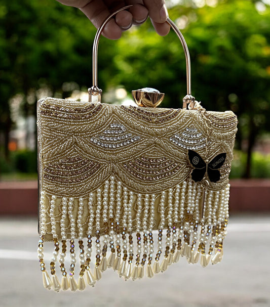 Slingss Luxury Range Hanging Beads Embroidered Partywear Handbag For Ladies With Handle & Long Chain