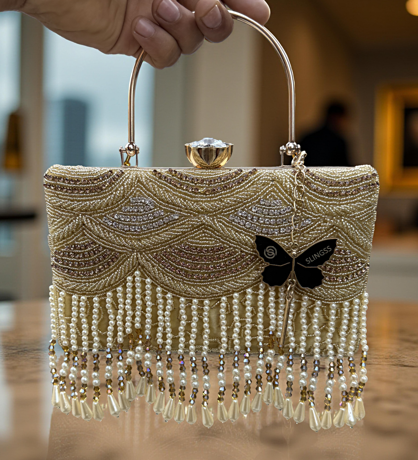 Slingss Luxury Range Hanging Beads Embroidered Partywear Handbag For Ladies With Handle & Long Chain