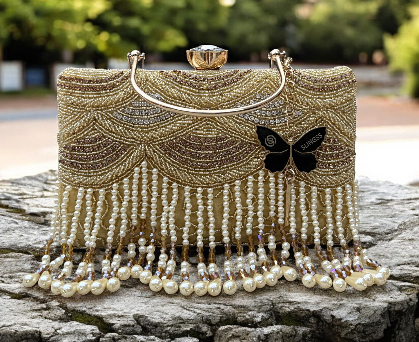 Slingss Luxury Range Hanging Beads Embroidered Partywear Handbag For Ladies With Handle & Long Chain
