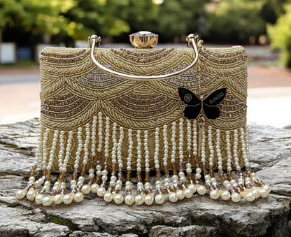 Slingss Luxury Range Hanging Beads Embroidered Partywear Handbag For Ladies With Handle & Long Chain