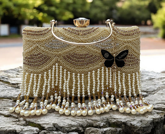 Slingss Luxury Range Hanging Beads Embroidered Partywear Handbag For Ladies With Handle & Long Chain