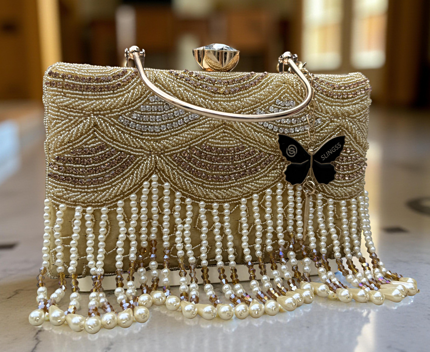 Slingss Luxury Range Hanging Beads Embroidered Partywear Handbag For Ladies With Handle & Long Chain
