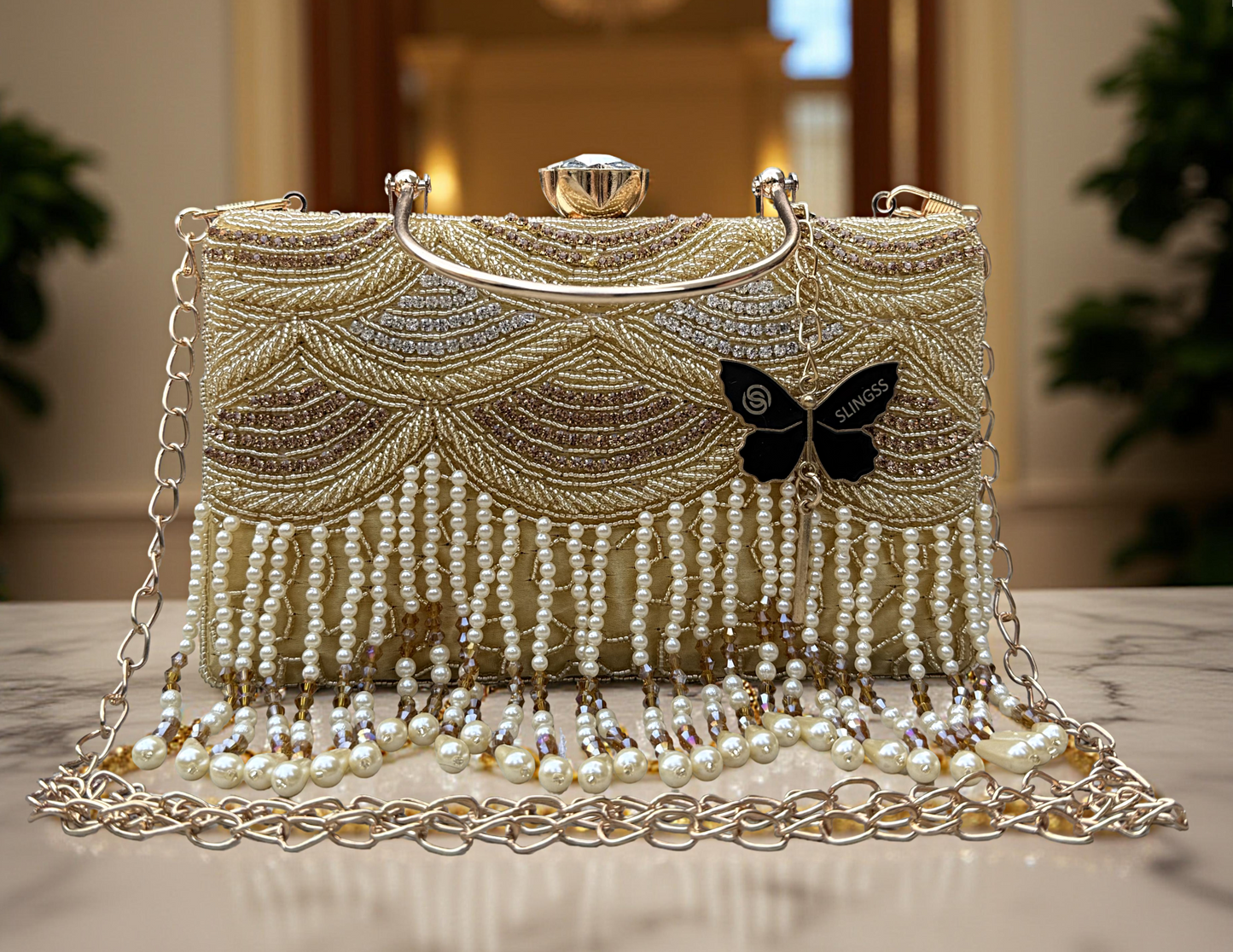 Slingss Luxury Range Hanging Beads Embroidered Partywear Handbag For Ladies With Handle & Long Chain