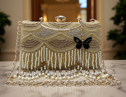 Slingss Luxury Range Hanging Beads Embroidered Partywear Handbag For Ladies With Handle & Long Chain