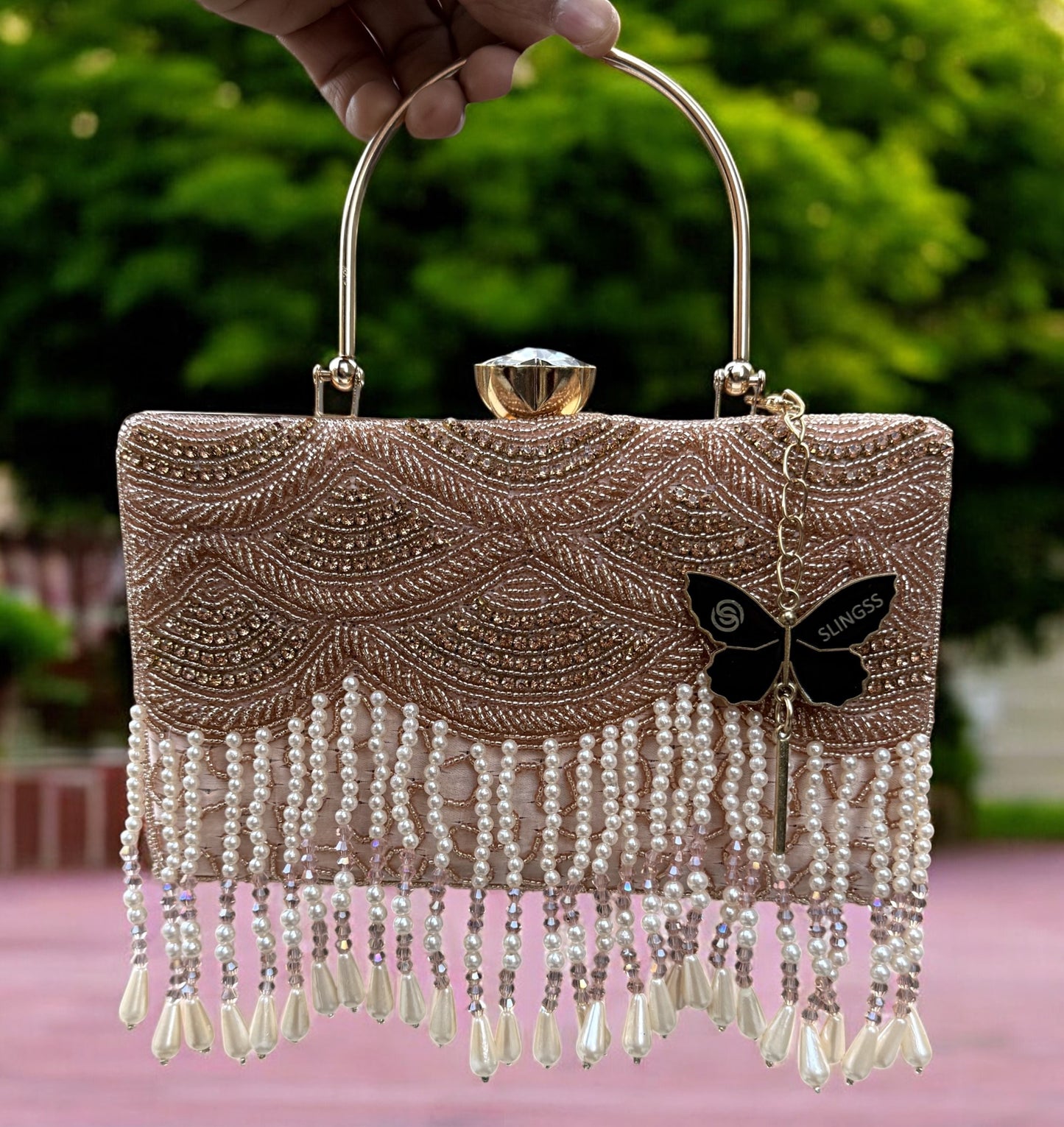 Slingss Luxury Range Hanging Beads Embroidered Partywear Handbag For Ladies With Handle & Long Chain
