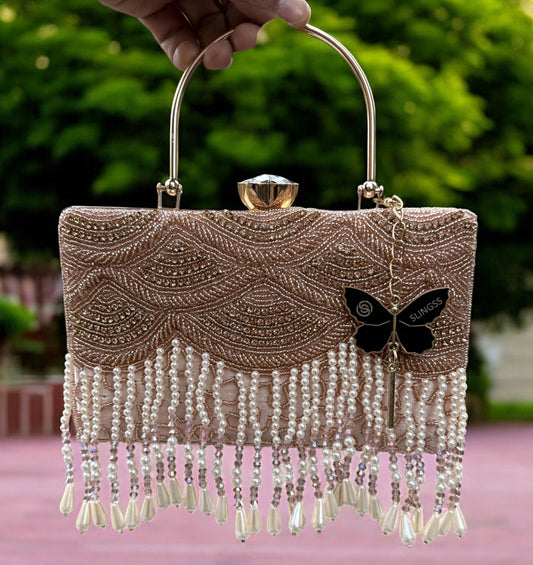 Slingss Luxury Range Hanging Beads Embroidered Partywear Handbag For Ladies With Handle & Long Chain