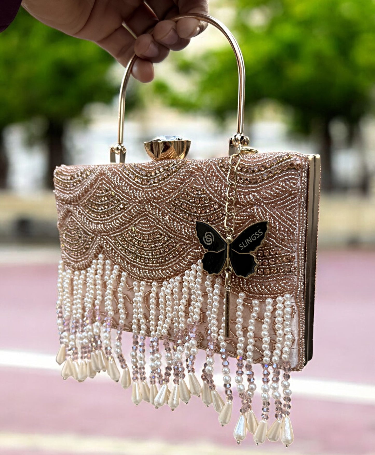 Slingss Luxury Range Hanging Beads Embroidered Partywear Handbag For Ladies With Handle & Long Chain