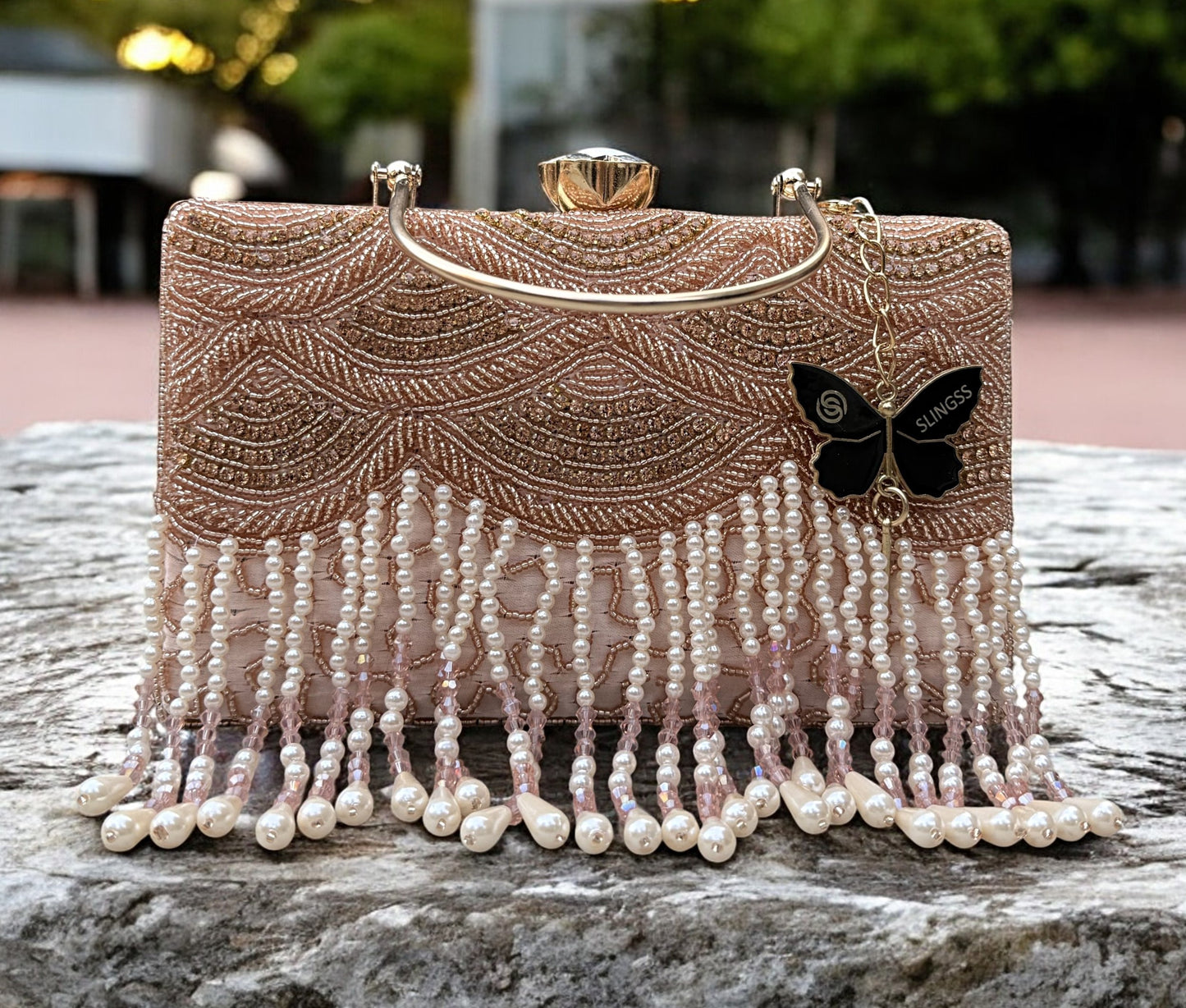 Slingss Luxury Range Hanging Beads Embroidered Partywear Handbag For Ladies With Handle & Long Chain