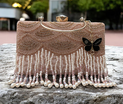 Slingss Luxury Range Hanging Beads Embroidered Partywear Handbag For Ladies With Handle & Long Chain