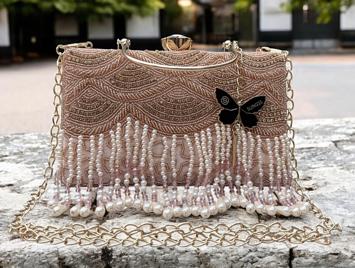 Slingss Luxury Range Hanging Beads Embroidered Partywear Handbag For Ladies With Handle & Long Chain