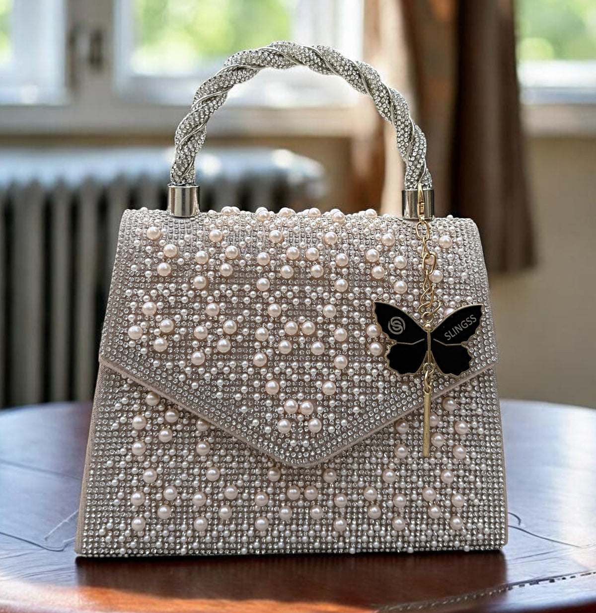 Slingss Luxury Range Exclusive Pearls Embroidered Partywear Handbag For Ladies With Handle & Long Chain