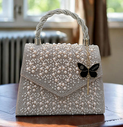 Slingss Luxury Range Exclusive Pearls Embroidered Partywear Handbag For Ladies With Handle & Long Chain