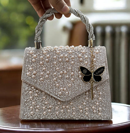 Slingss Luxury Range Exclusive Pearls Embroidered Partywear Handbag For Ladies With Handle & Long Chain