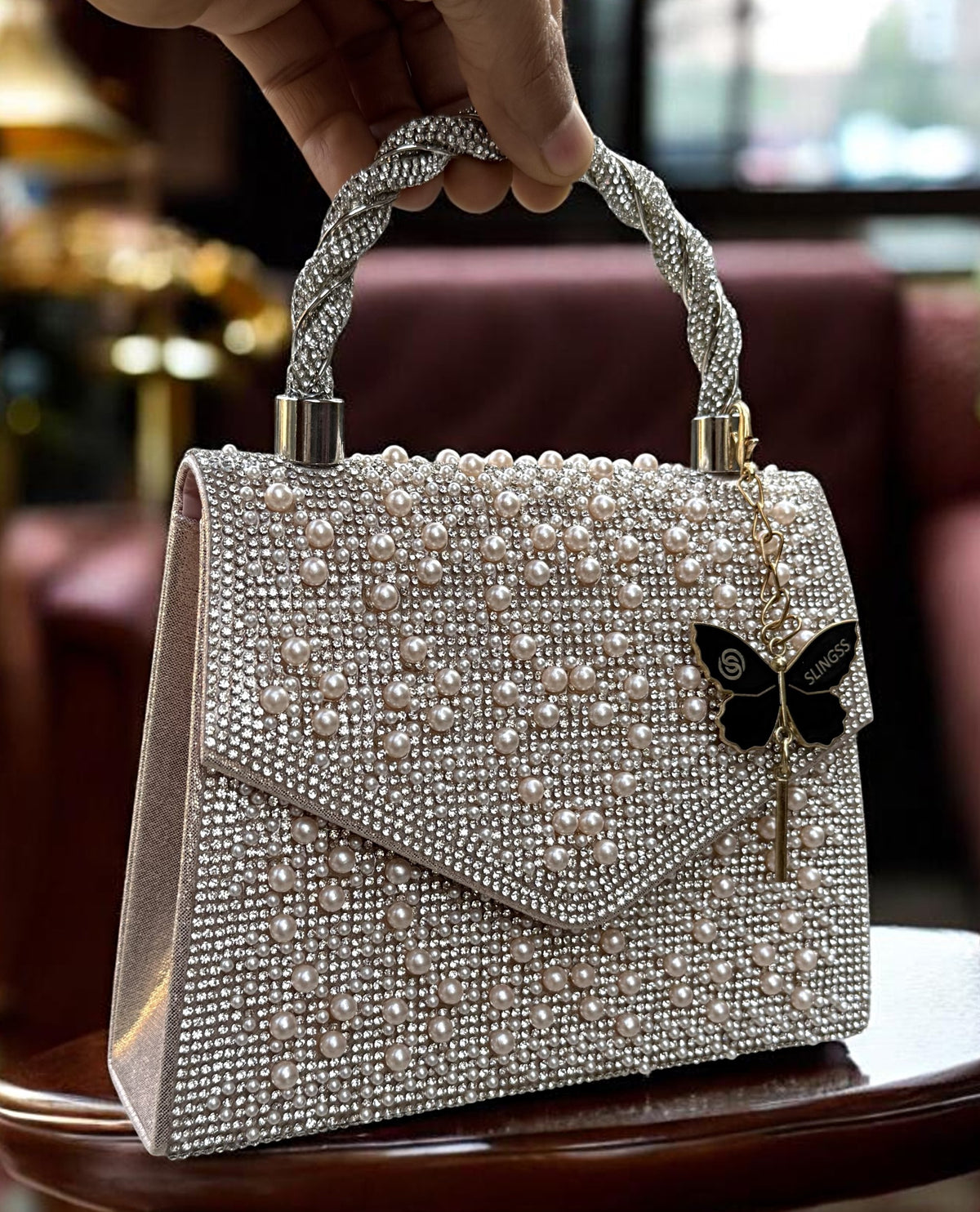 Slingss Luxury Range Exclusive Pearls Embroidered Partywear Handbag For Ladies With Handle & Long Chain