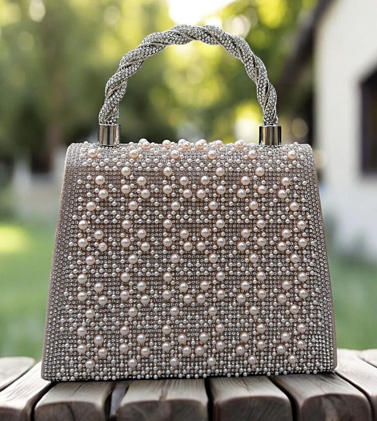Slingss Luxury Range Exclusive Pearls Embroidered Partywear Handbag For Ladies With Handle & Long Chain