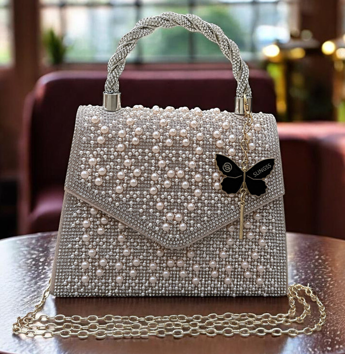 Slingss Luxury Range Exclusive Pearls Embroidered Partywear Handbag For Ladies With Handle & Long Chain
