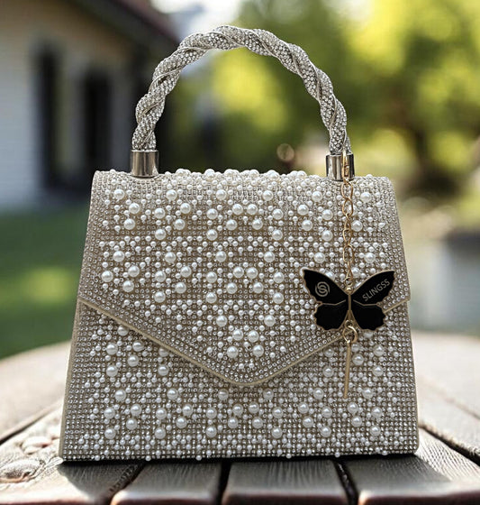 Slingss Luxury Range Exclusive Pearls Embroidered Partywear Handbag For Ladies With Handle & Long Chain