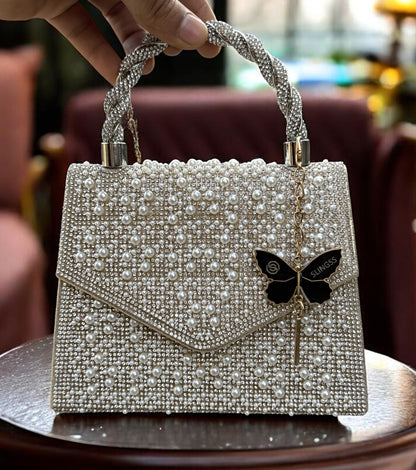 Slingss Luxury Range Exclusive Pearls Embroidered Partywear Handbag For Ladies With Handle & Long Chain