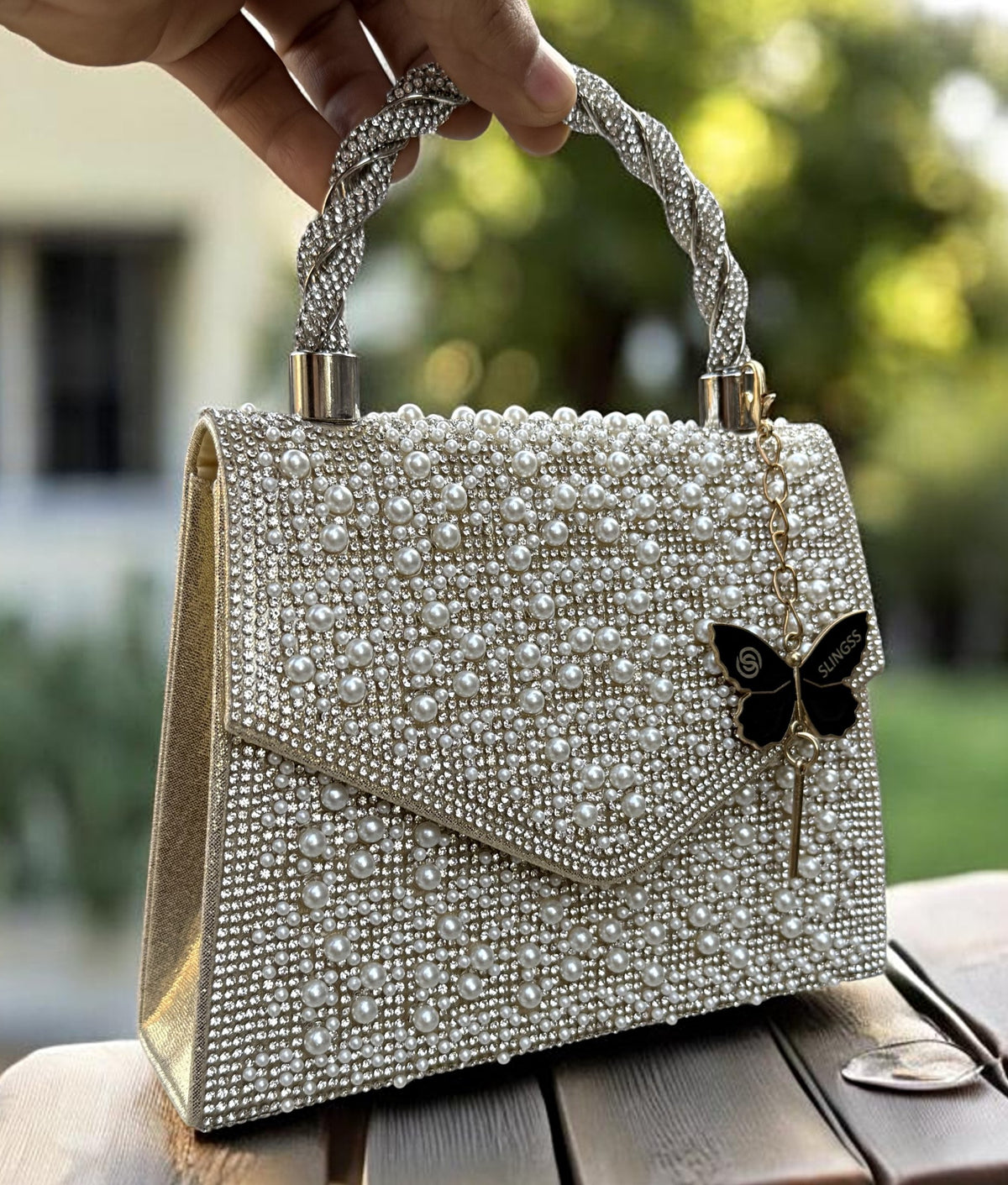 Slingss Luxury Range Exclusive Pearls Embroidered Partywear Handbag For Ladies With Handle & Long Chain