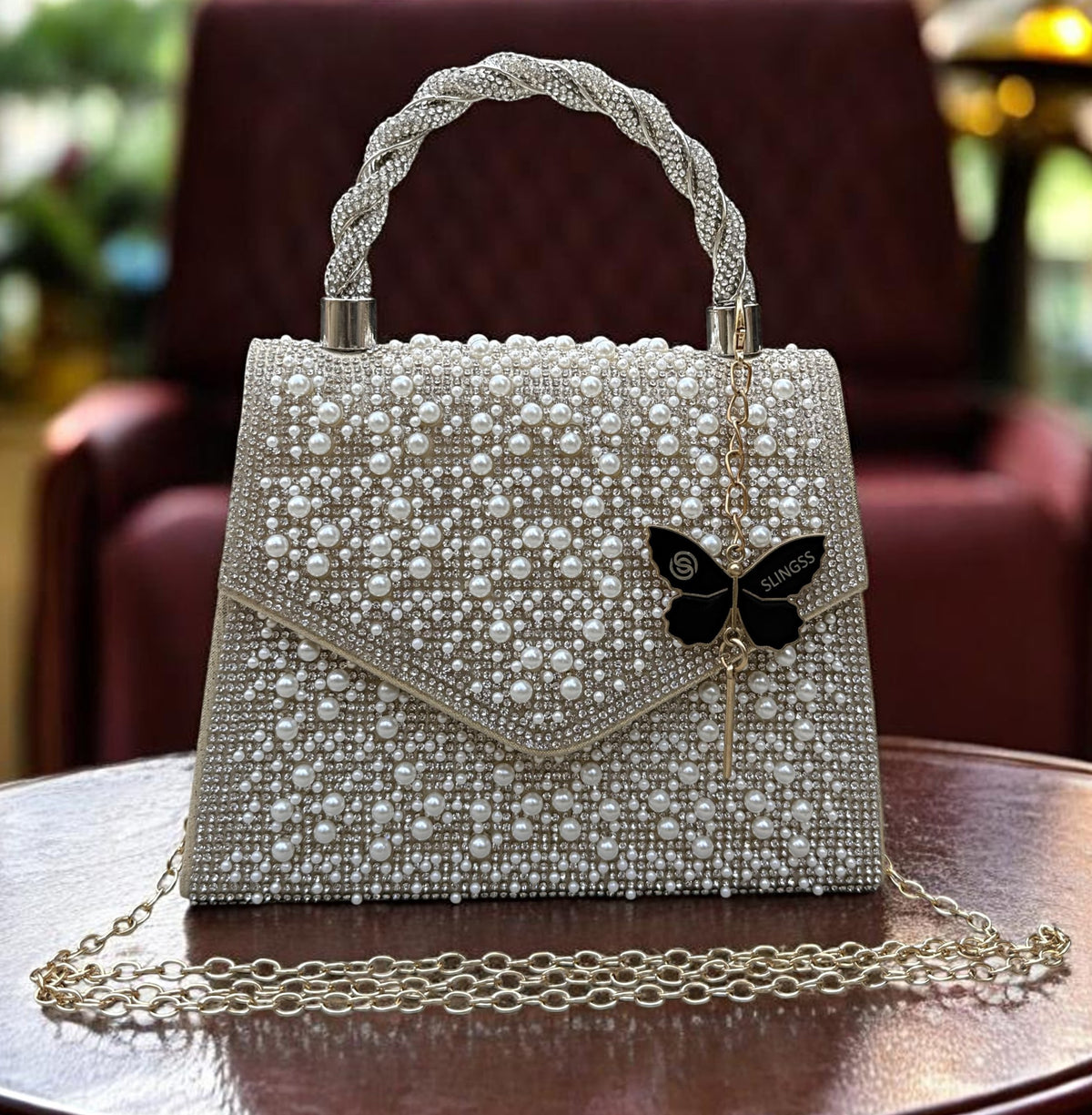 Slingss Luxury Range Exclusive Pearls Embroidered Partywear Handbag For Ladies With Handle & Long Chain