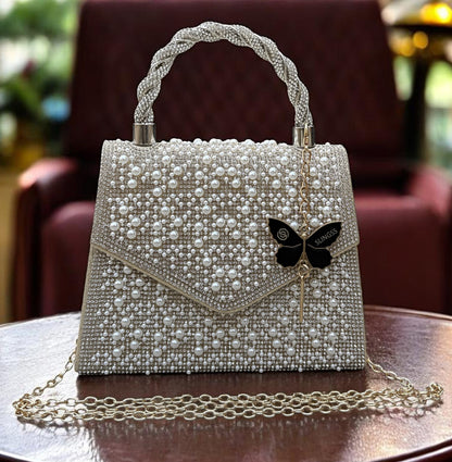 Slingss Luxury Range Exclusive Pearls Embroidered Partywear Handbag For Ladies With Handle & Long Chain
