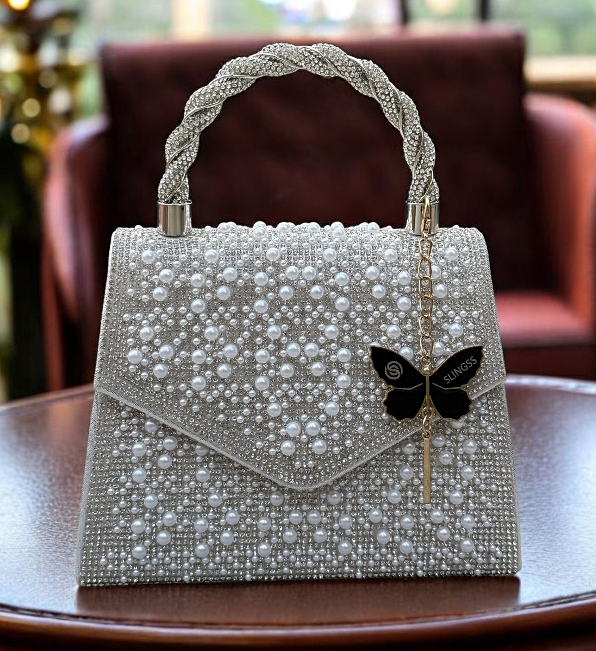 Slingss Luxury Range Exclusive Pearls Embroidered Partywear Handbag For Ladies With Handle & Long Chain