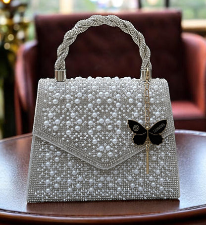 Slingss Luxury Range Exclusive Pearls Embroidered Partywear Handbag For Ladies With Handle & Long Chain