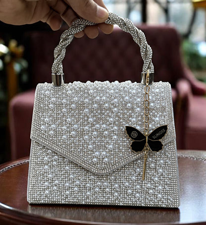 Slingss Luxury Range Exclusive Pearls Embroidered Partywear Handbag For Ladies With Handle & Long Chain
