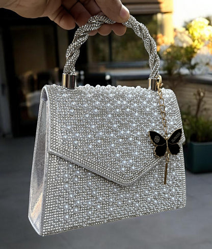 Slingss Luxury Range Exclusive Pearls Embroidered Partywear Handbag For Ladies With Handle & Long Chain