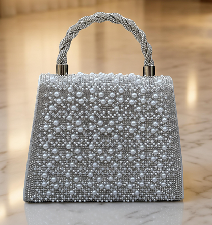 Slingss Luxury Range Exclusive Pearls Embroidered Partywear Handbag For Ladies With Handle & Long Chain