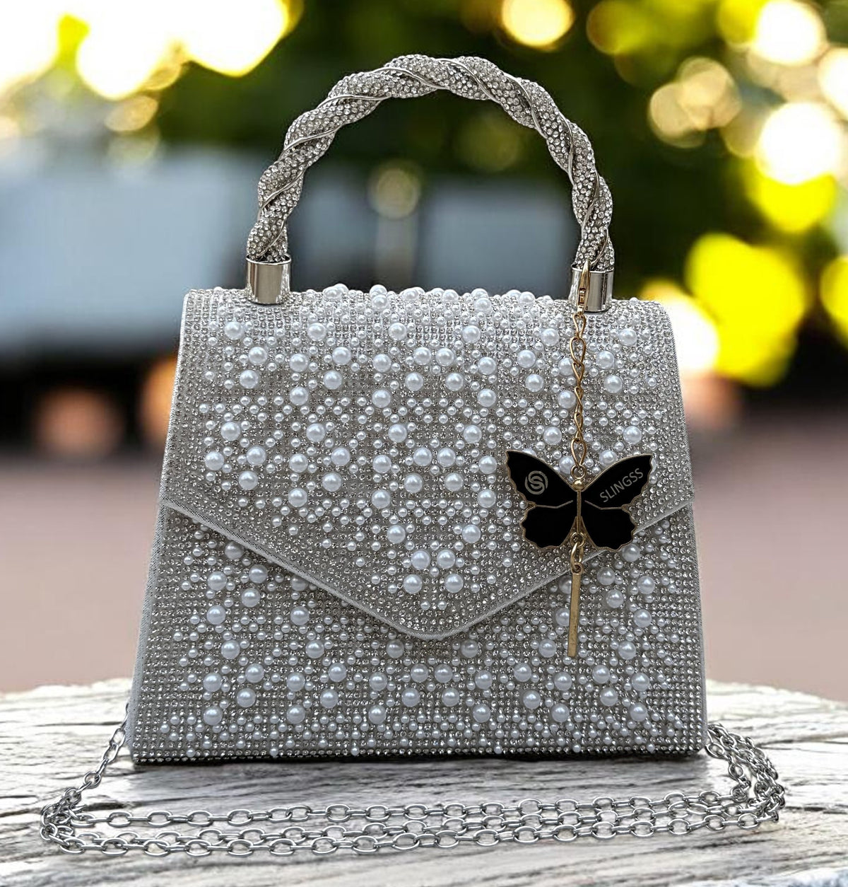 Slingss Luxury Range Exclusive Pearls Embroidered Partywear Handbag For Ladies With Handle & Long Chain