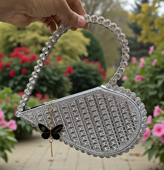 Slingss Exclusive Premium Sparkle Heart Shape Partywear Diamond Embroidered Handbag For Ladies