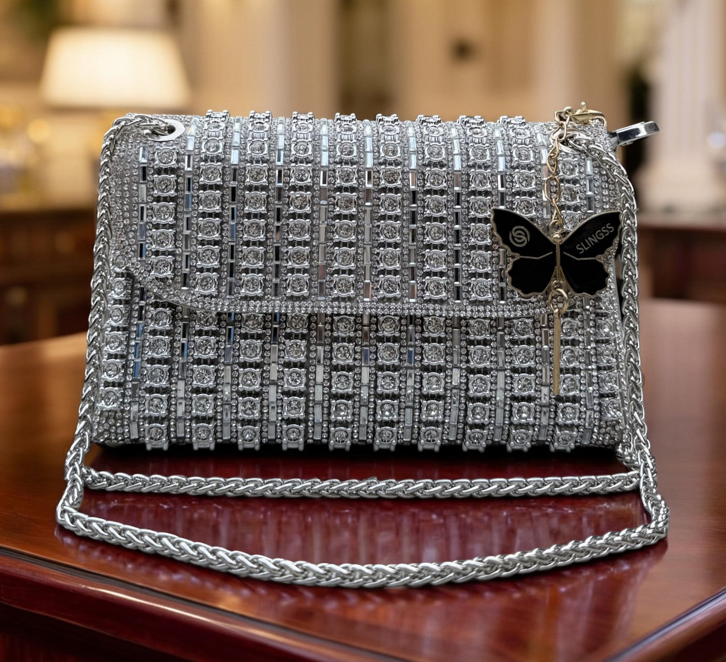 Slingss Luxury Range Exclusive Diamond Embroidered Partywear Handbag For Ladies With Long Chain