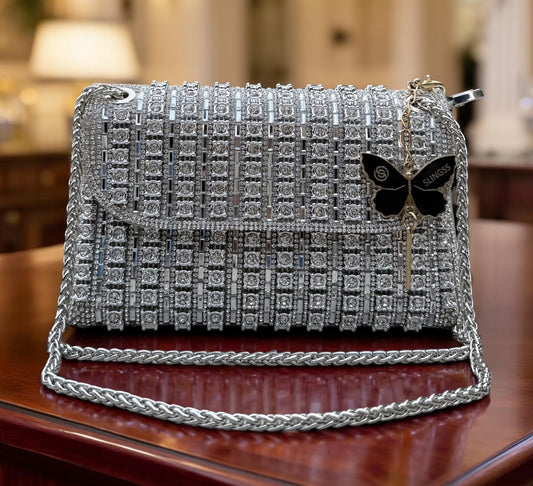 Slingss Luxury Range Exclusive Diamond Embroidered Partywear Handbag For Ladies With Long Chain