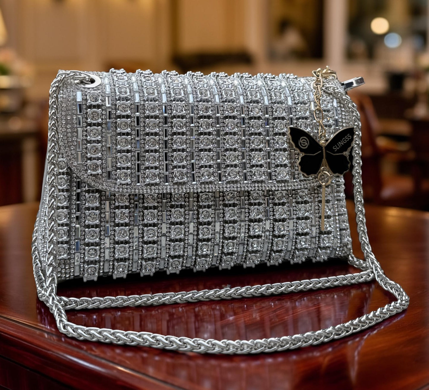 Slingss Luxury Range Exclusive Diamond Embroidered Partywear Handbag For Ladies With Long Chain