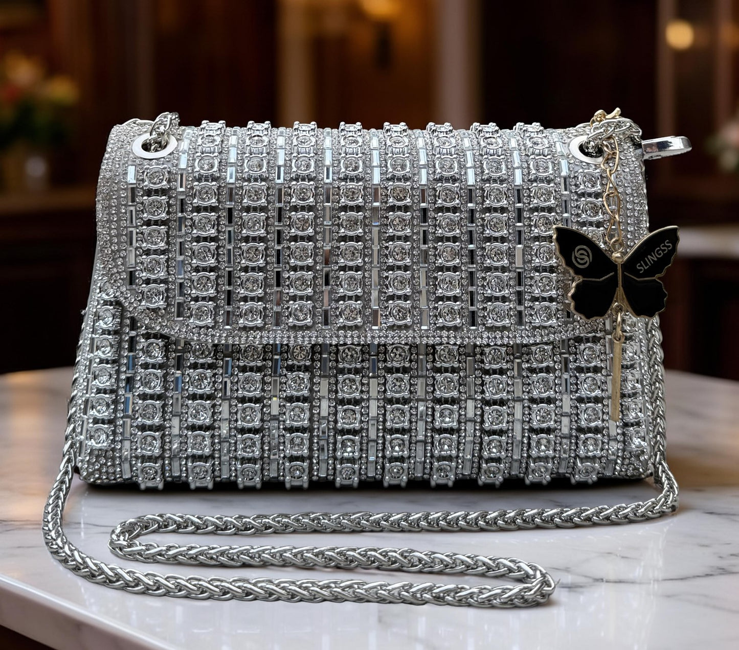 Slingss Luxury Range Exclusive Diamond Embroidered Partywear Handbag For Ladies With Long Chain