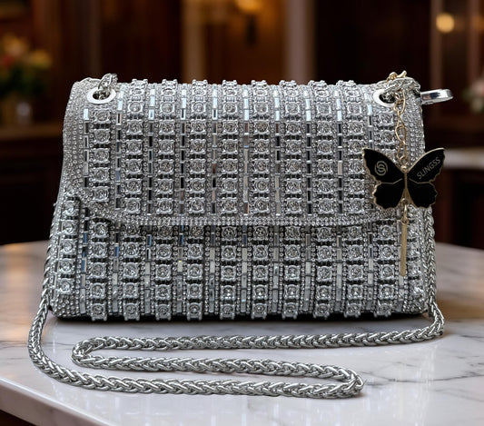 Slingss Luxury Range Exclusive Diamond Embroidered Partywear Handbag For Ladies With Long Chain
