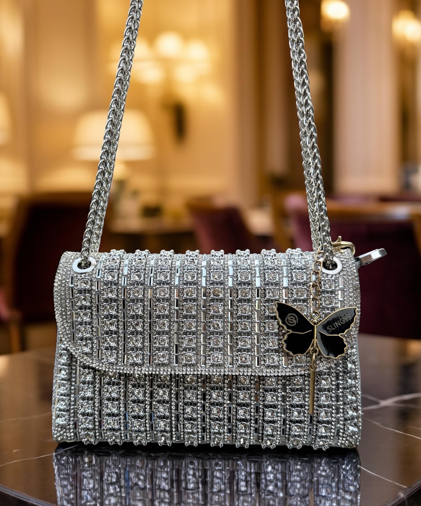Slingss Luxury Range Exclusive Diamond Embroidered Partywear Handbag For Ladies With Long Chain