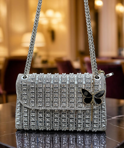 Slingss Luxury Range Exclusive Diamond Embroidered Partywear Handbag For Ladies With Long Chain
