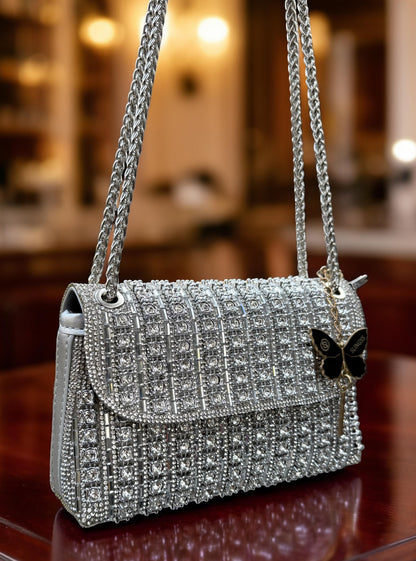 Slingss Luxury Range Exclusive Diamond Embroidered Partywear Handbag For Ladies With Long Chain